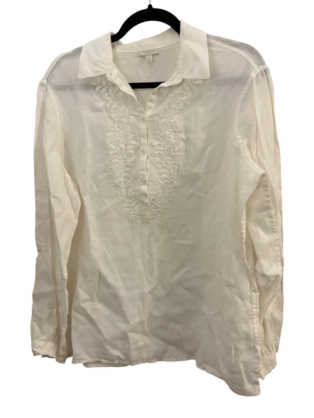 Talbots 100% Linen White Blouse Top LP Embroidered Lagenlook Minimalist Classic